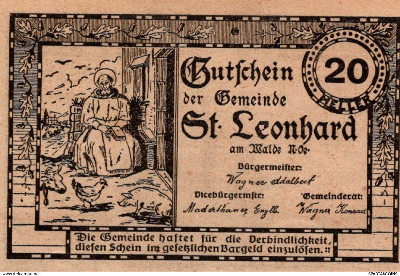 20 HELLER 1920 Stadt SANKT LEONHARD AM WALDE Niedrigeren Österreich #PE617 - [11] Local Banknote Issues