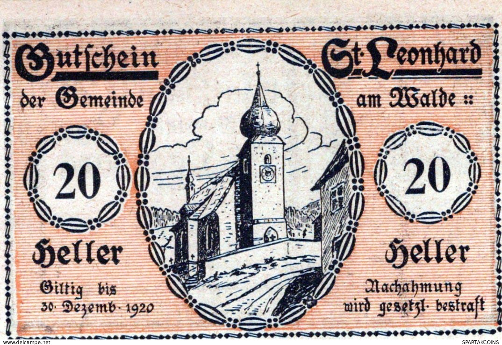 20 HELLER 1920 Stadt SANKT LEONHARD AM WALDE Niedrigeren Österreich #PE617 - [11] Local Banknote Issues
