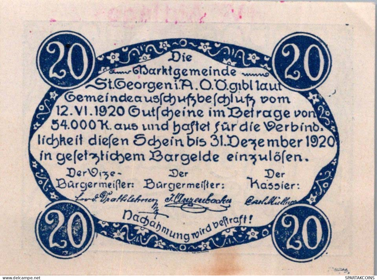 20 HELLER 1920 Stadt SANKT GEORGEN IM ATTERGAU Oberösterreich Österreich UNC #PH393 - [11] Local Banknote Issues