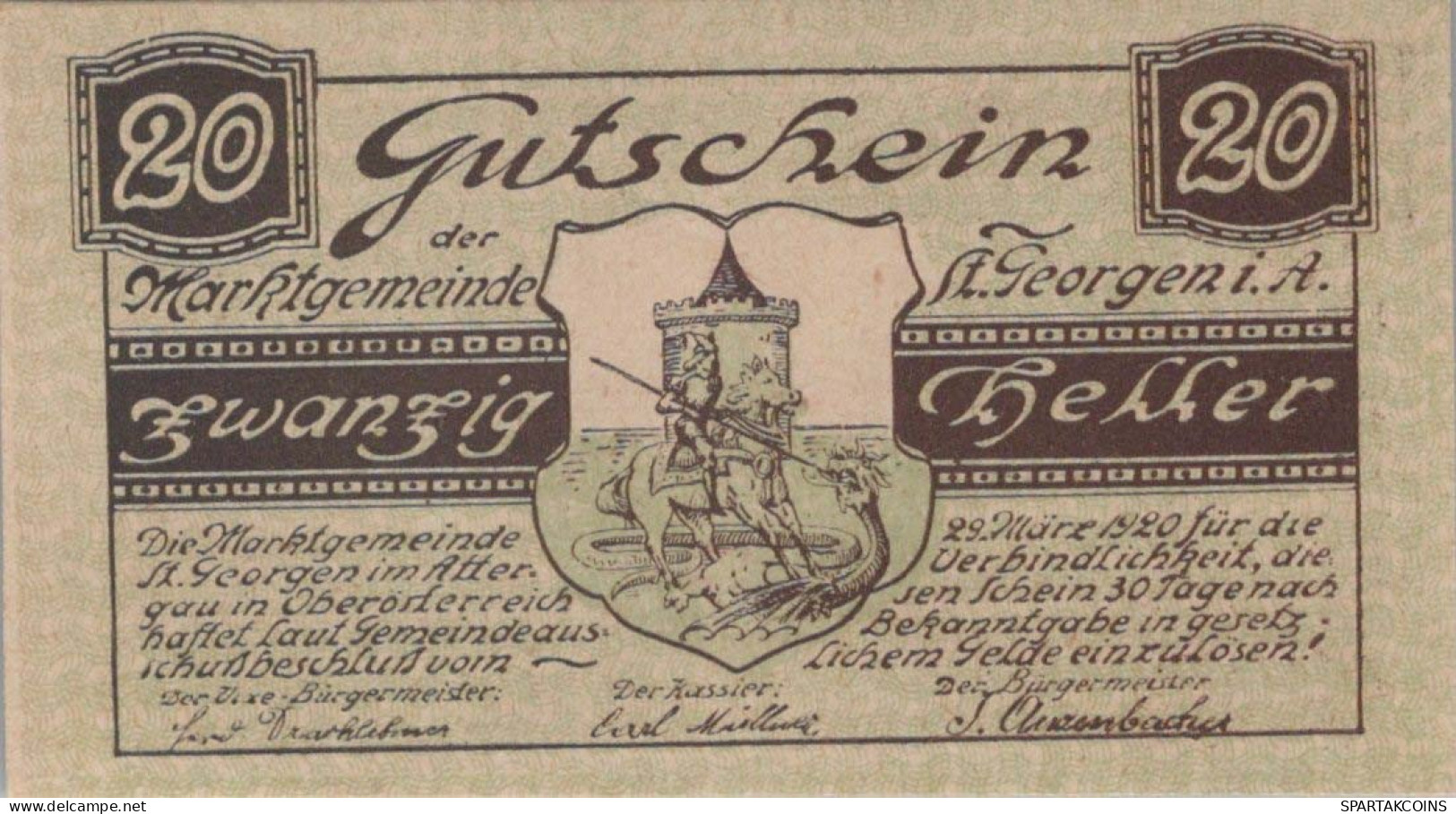 20 HELLER 1920 Stadt SANKT GEORGEN IM ATTERGAU Oberösterreich Österreich Notgeld Papiergeld Banknote #PG677 - [11] Emisiones Locales
