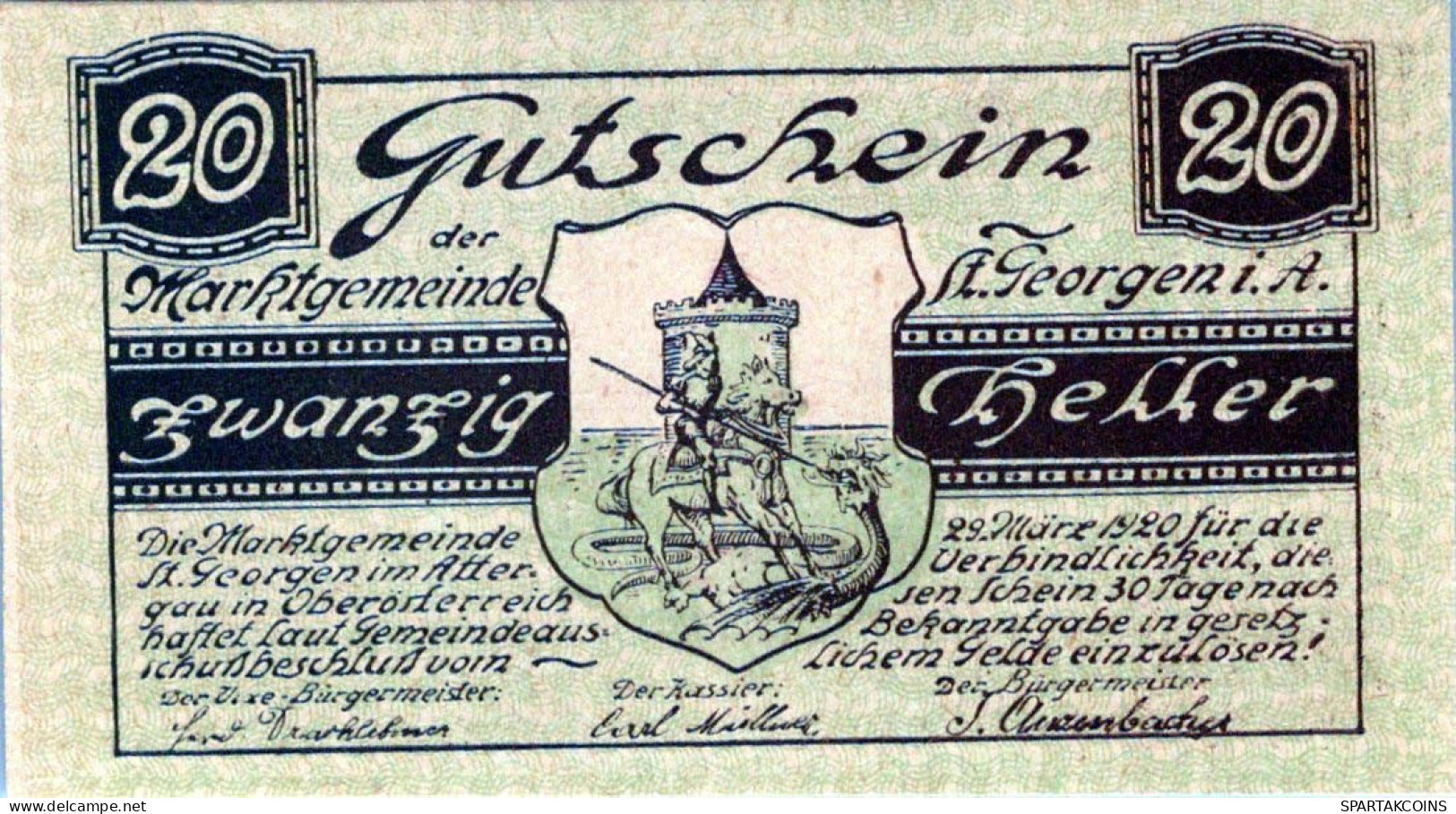 20 HELLER 1920 Stadt SANKT GEORGEN IM ATTERGAU Oberösterreich Österreich Notgeld Papiergeld Banknote #PG677 - [11] Emisiones Locales