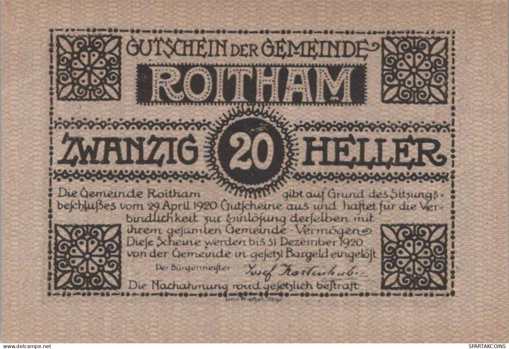 20 HELLER 1920 Stadt ROITHAM Oberösterreich Österreich Notgeld Papiergeld Banknote #PG665 - Lokale Ausgaben