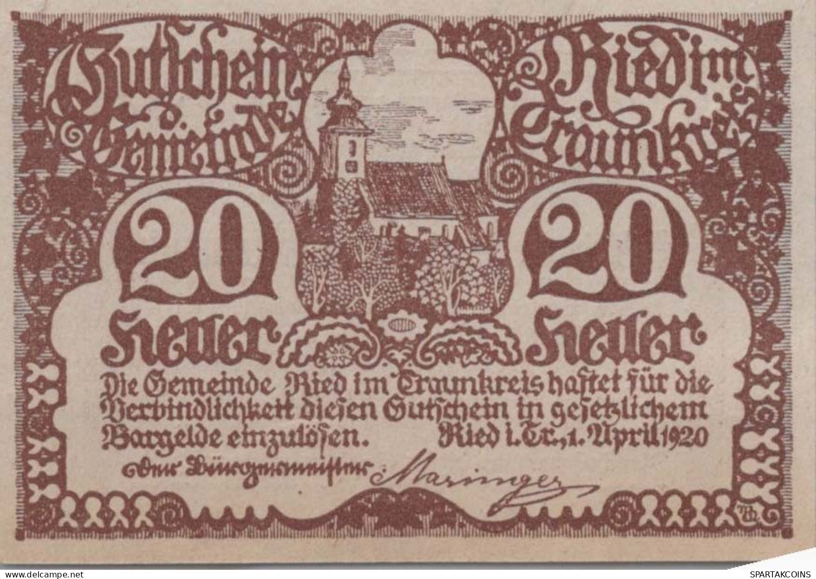 20 HELLER 1920 Stadt RIED IM TRAUNKREIS Oberösterreich Österreich Notgeld #PE540 - [11] Local Banknote Issues
