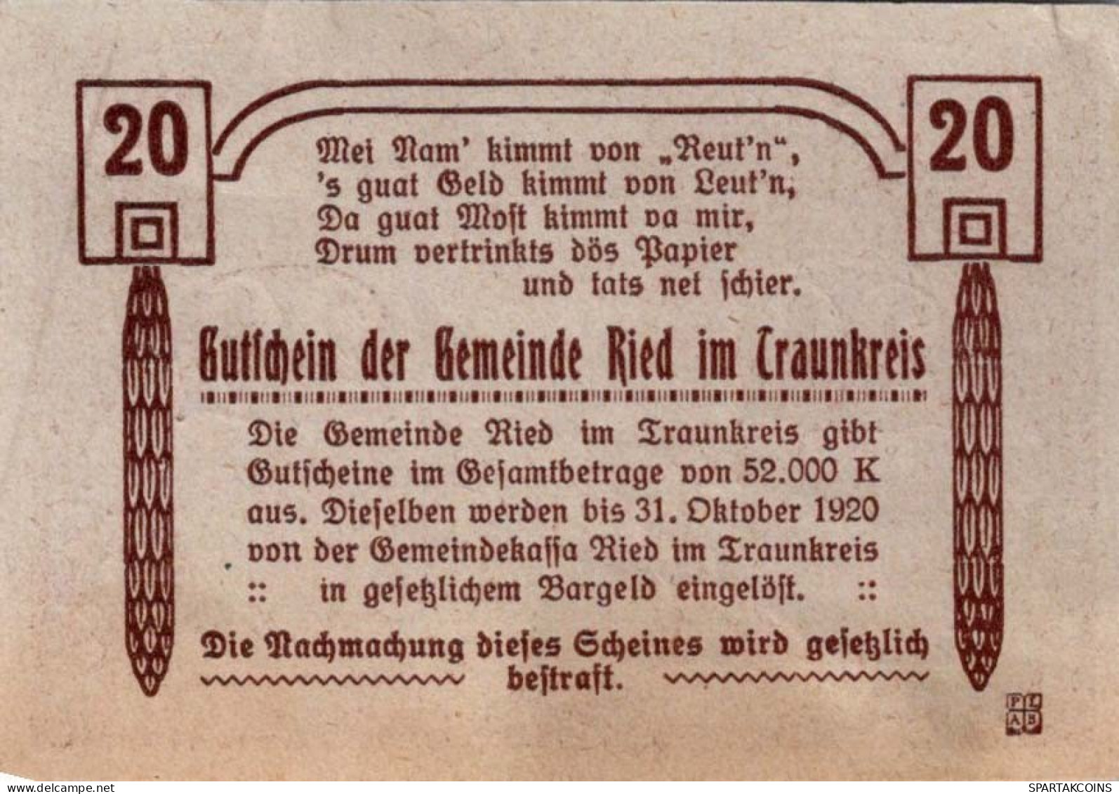20 HELLER 1920 Stadt RIED IM TRAUNKREIS Oberösterreich Österreich Notgeld #PE540 - [11] Local Banknote Issues
