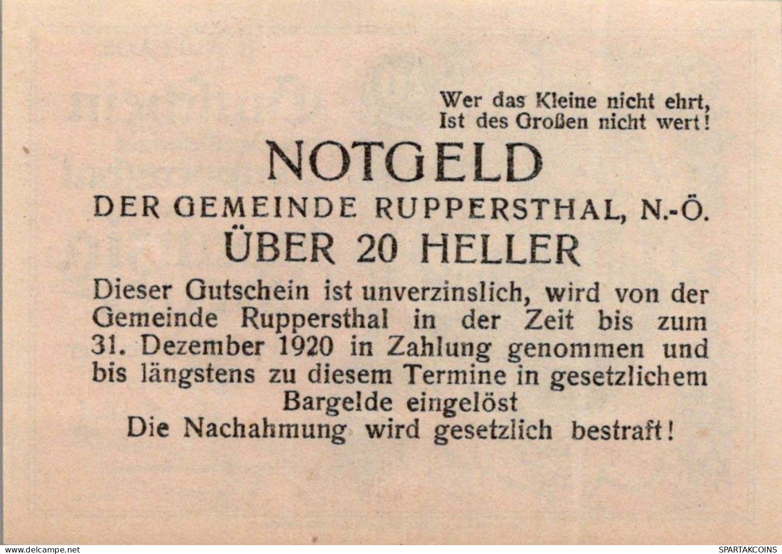 20 HELLER 1920 Stadt ROberenSTHAL Niedrigeren Österreich Notgeld #PJ227 - [11] Emissions Locales