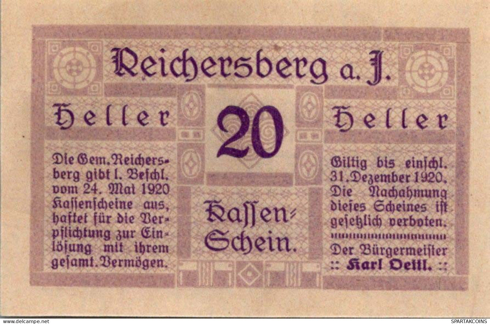 20 HELLER 1920 Stadt REICHERSBERG Oberösterreich Österreich Notgeld #PE543 - [11] Local Banknote Issues