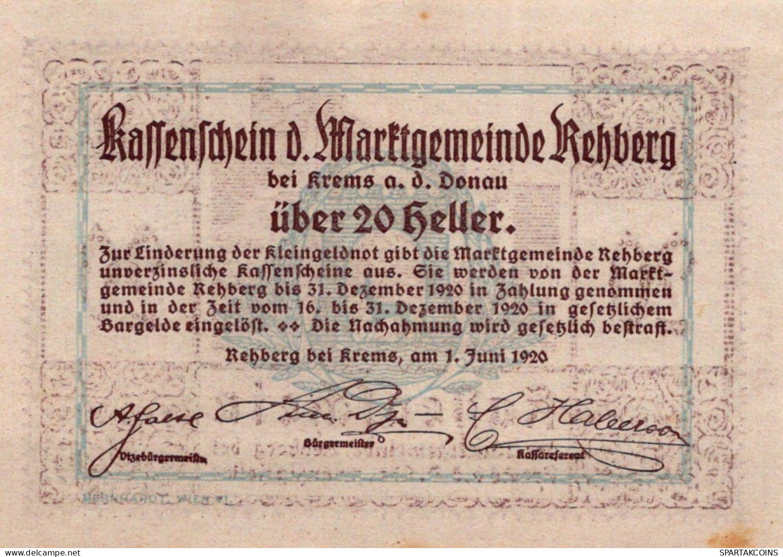 20 HELLER 1920 Stadt REHBERG BEI KREMS AN DER DONAU UNC Österreich #PH419 - [11] Emisiones Locales