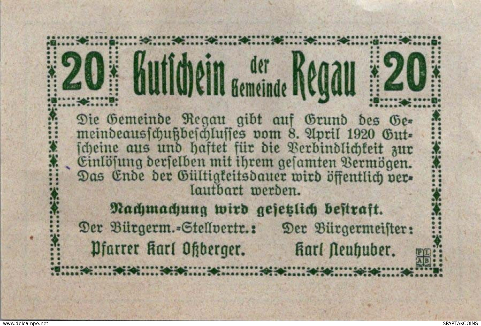 20 HELLER 1920 Stadt REGAU Oberösterreich Österreich UNC Österreich Notgeld Banknote #PH057 - [11] Emissioni Locali