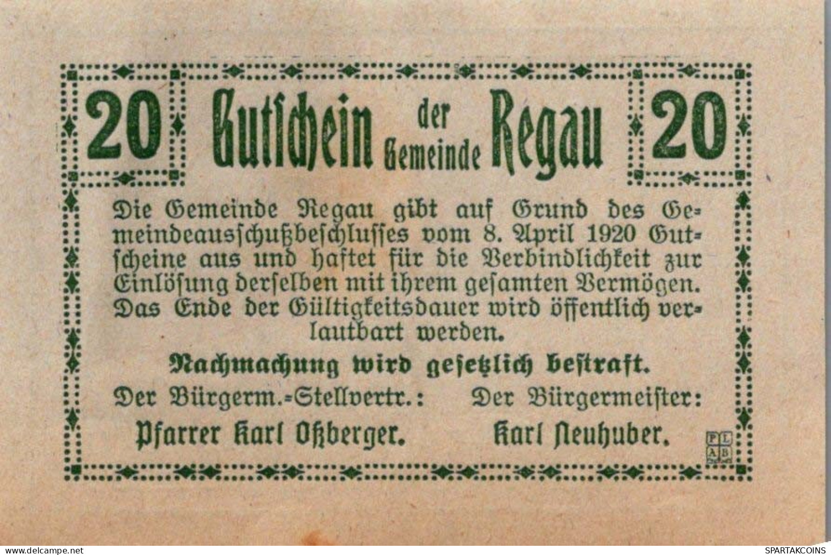 20 HELLER 1920 Stadt REGAU Oberösterreich Österreich Notgeld Banknote #PD947 - [11] Local Banknote Issues