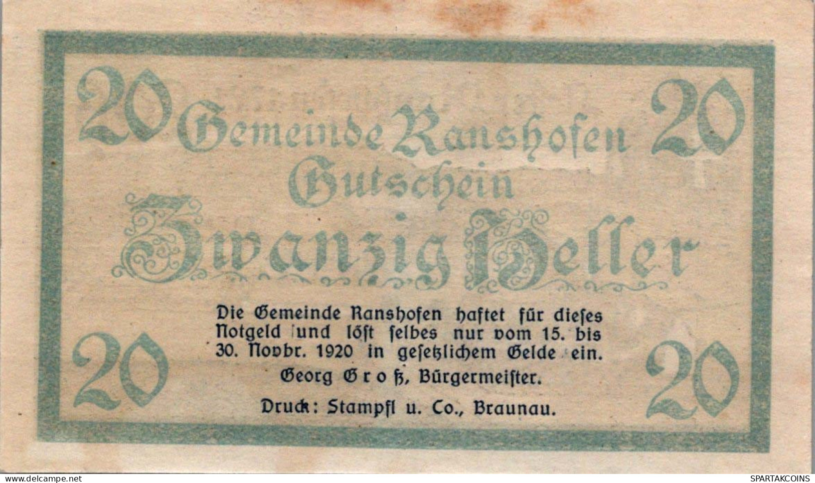 20 HELLER 1920 Stadt RANSHOFEN Oberösterreich Österreich Notgeld Banknote #PD990 - [11] Local Banknote Issues