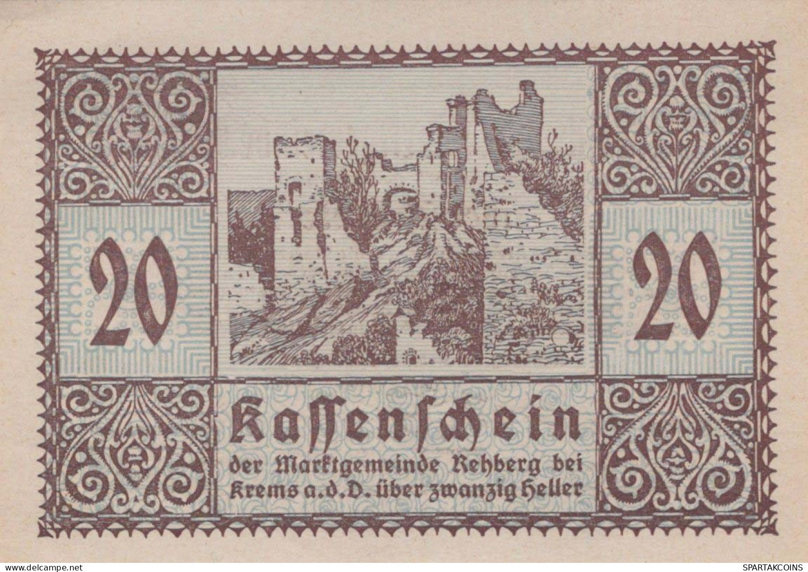 20 HELLER 1920 Stadt REHBERG BEI KREMS AN DER DONAU Niedrigeren Österreich Notgeld Papiergeld Banknote #PG800 - [11] Emisiones Locales