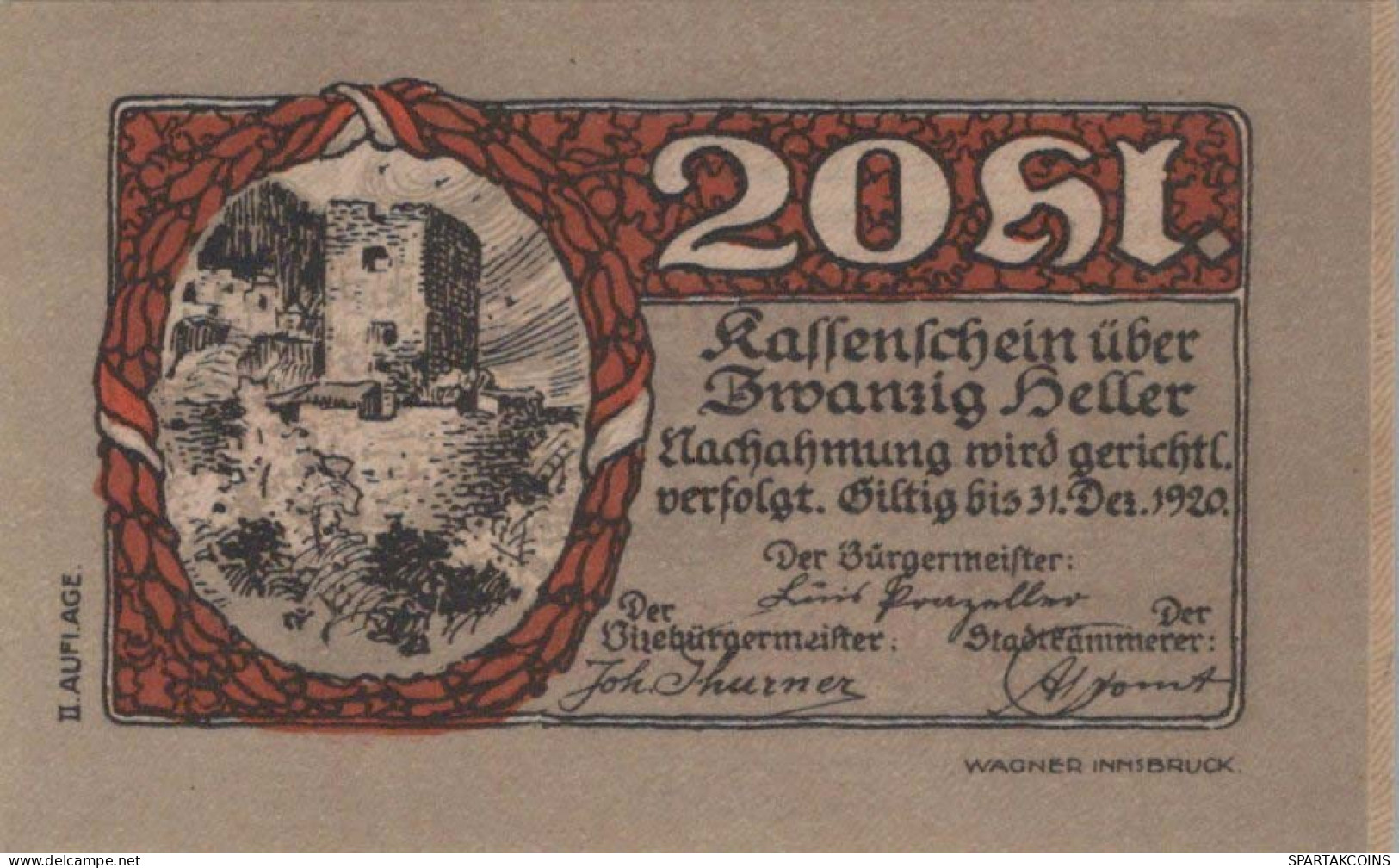 20 HELLER 1920 Stadt RATTENBERG Tyrol Österreich Notgeld Banknote #PE534 - Lokale Ausgaben