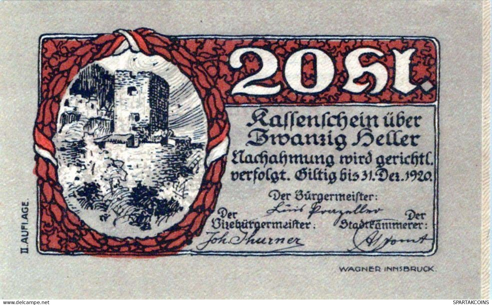 20 HELLER 1920 Stadt RATTENBERG Tyrol Österreich Notgeld Banknote #PE534 - Lokale Ausgaben