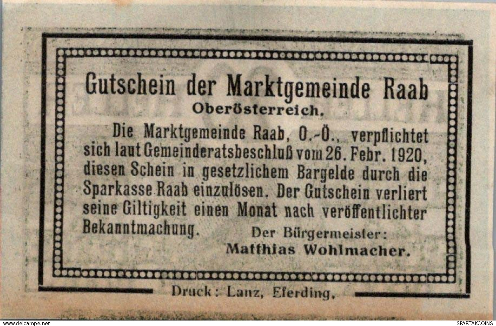 20 HELLER 1920 Stadt RAAB Oberösterreich Österreich UNC Österreich Notgeld Banknote #PH413 - [11] Emissioni Locali
