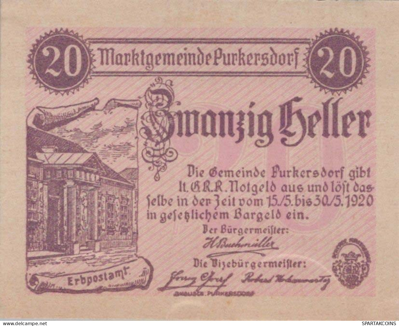20 HELLER 1920 Stadt PURKERSDORF Niedrigeren Österreich Notgeld #PE311 - [11] Local Banknote Issues