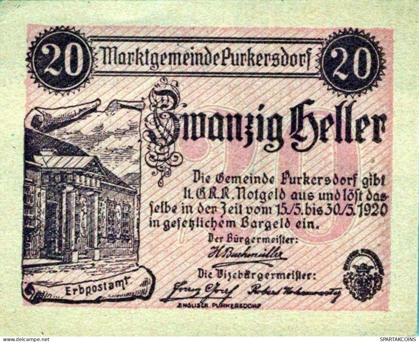 20 HELLER 1920 Stadt PURKERSDORF Niedrigeren Österreich Notgeld Papiergeld Banknote #PG977 - Lokale Ausgaben