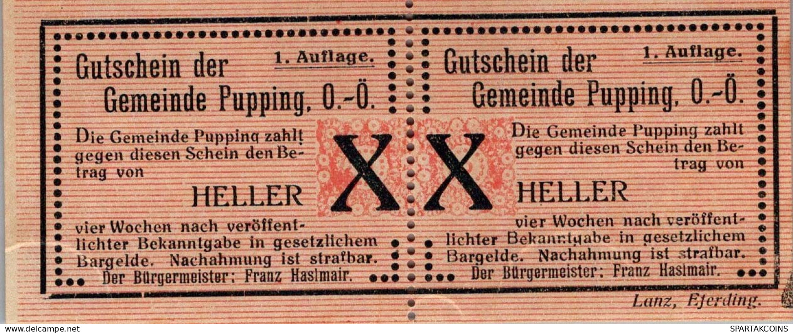 20 HELLER 1920 Stadt PUPPING Oberösterreich Österreich Notgeld Banknote #PE591 - Lokale Ausgaben