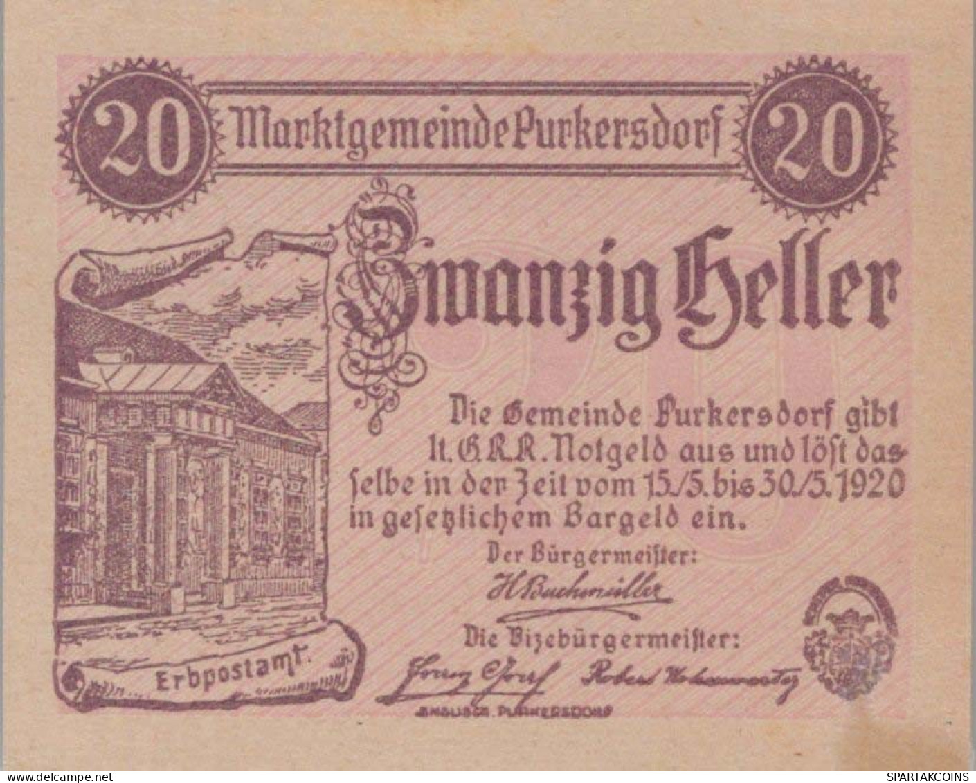20 HELLER 1920 Stadt PURKERSDORF Niedrigeren Österreich Notgeld #PE421 - Lokale Ausgaben