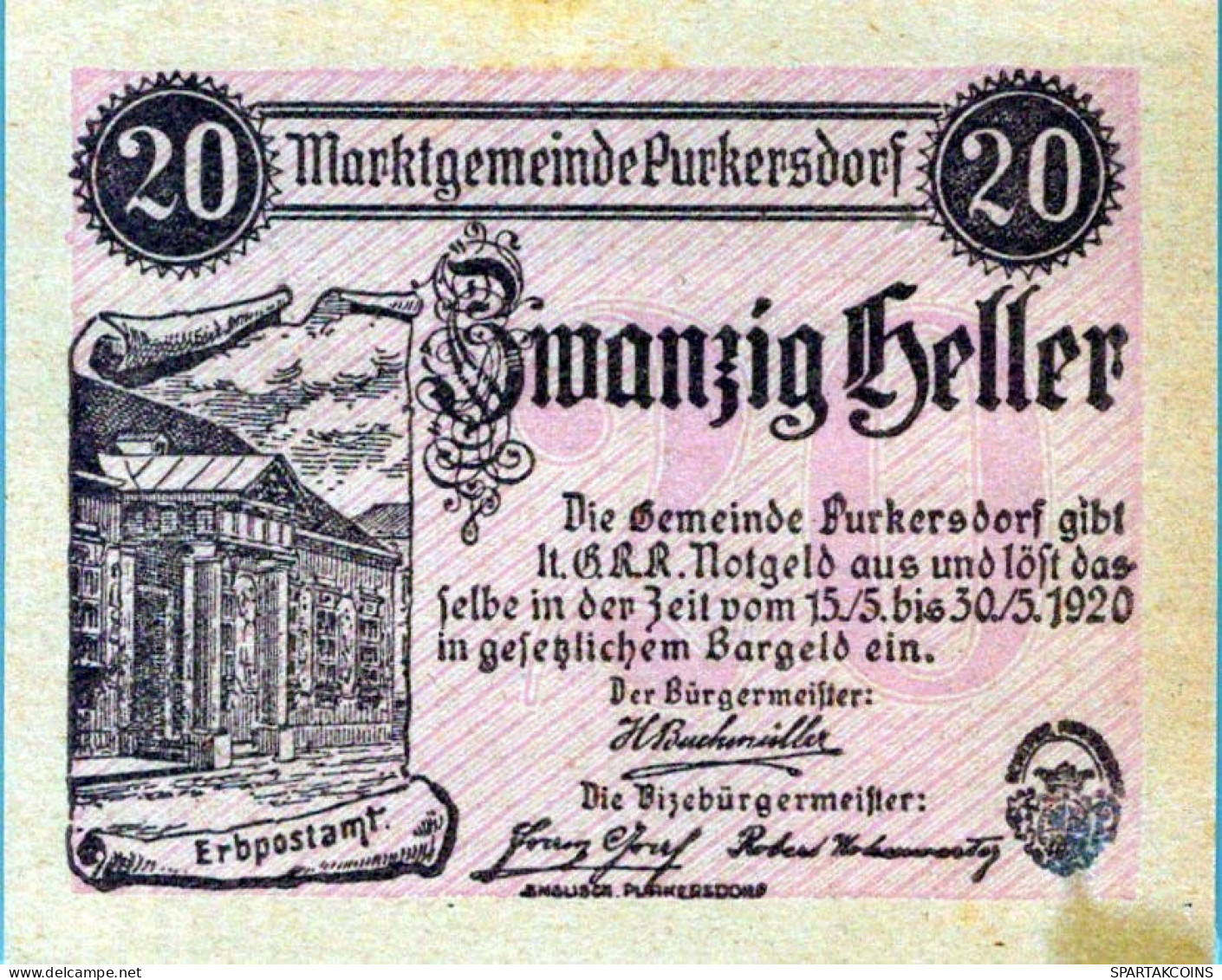 20 HELLER 1920 Stadt PURKERSDORF Niedrigeren Österreich Notgeld #PE421 - Lokale Ausgaben