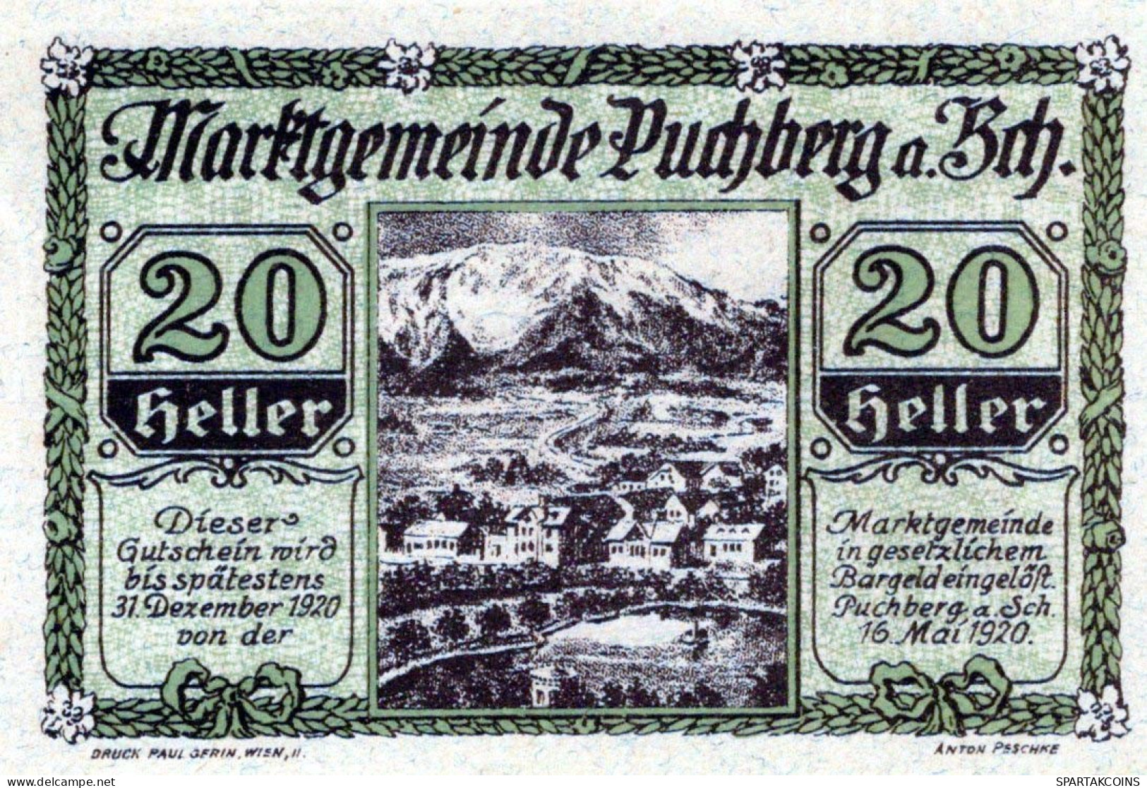 20 HELLER 1920 Stadt PUCHBERG AM SCHNEEBERG Niedrigeren Österreich #PE407 - [11] Local Banknote Issues