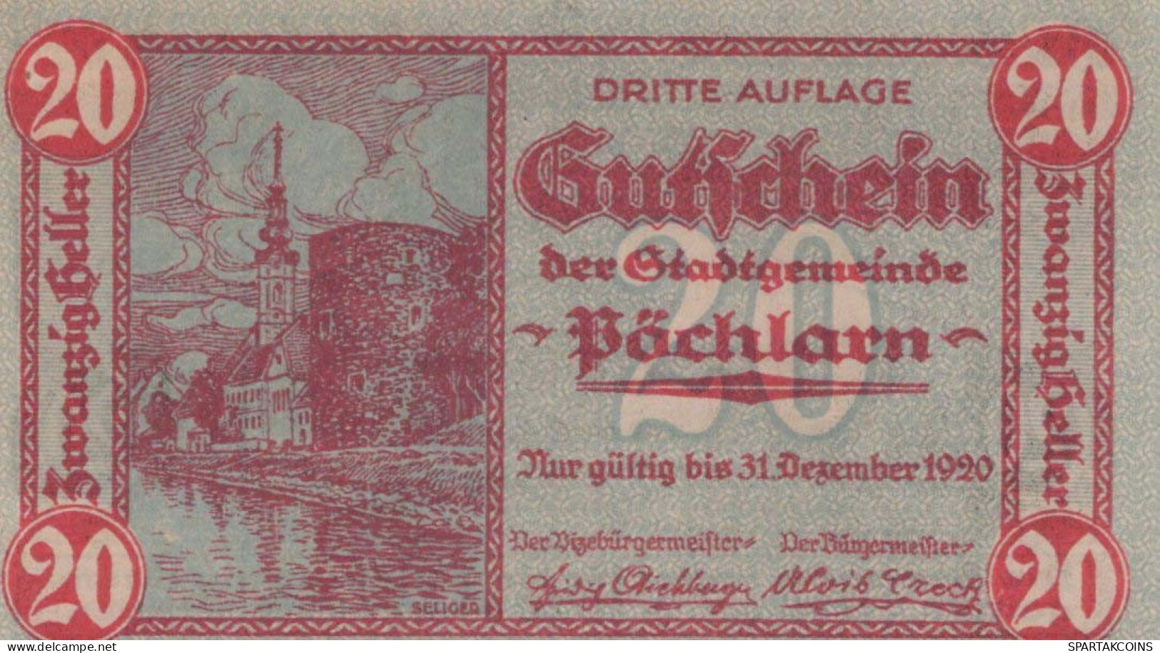 20 HELLER 1920 Stadt PÖCHLARN Niedrigeren Österreich Notgeld Papiergeld Banknote #PG983 - Lokale Ausgaben