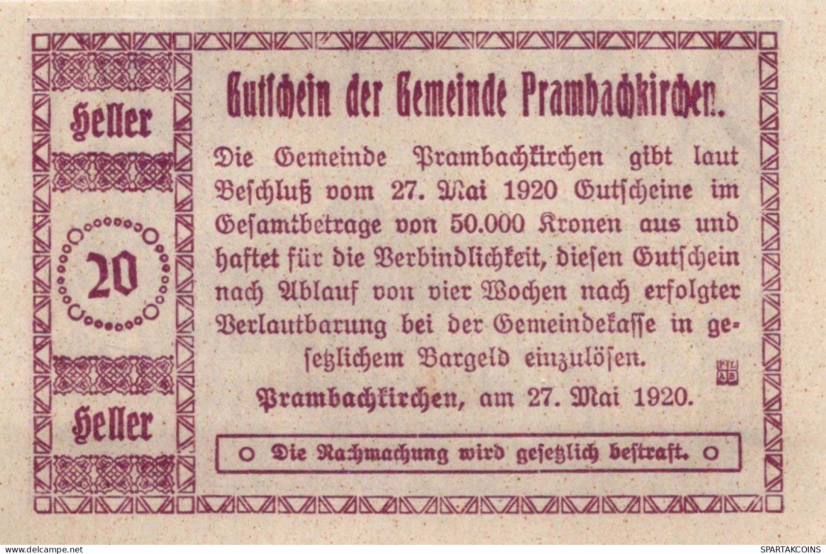 20 HELLER 1920 Stadt PRAMBACHKIRCHEN Oberösterreich Österreich Notgeld #PE264 - Lokale Ausgaben
