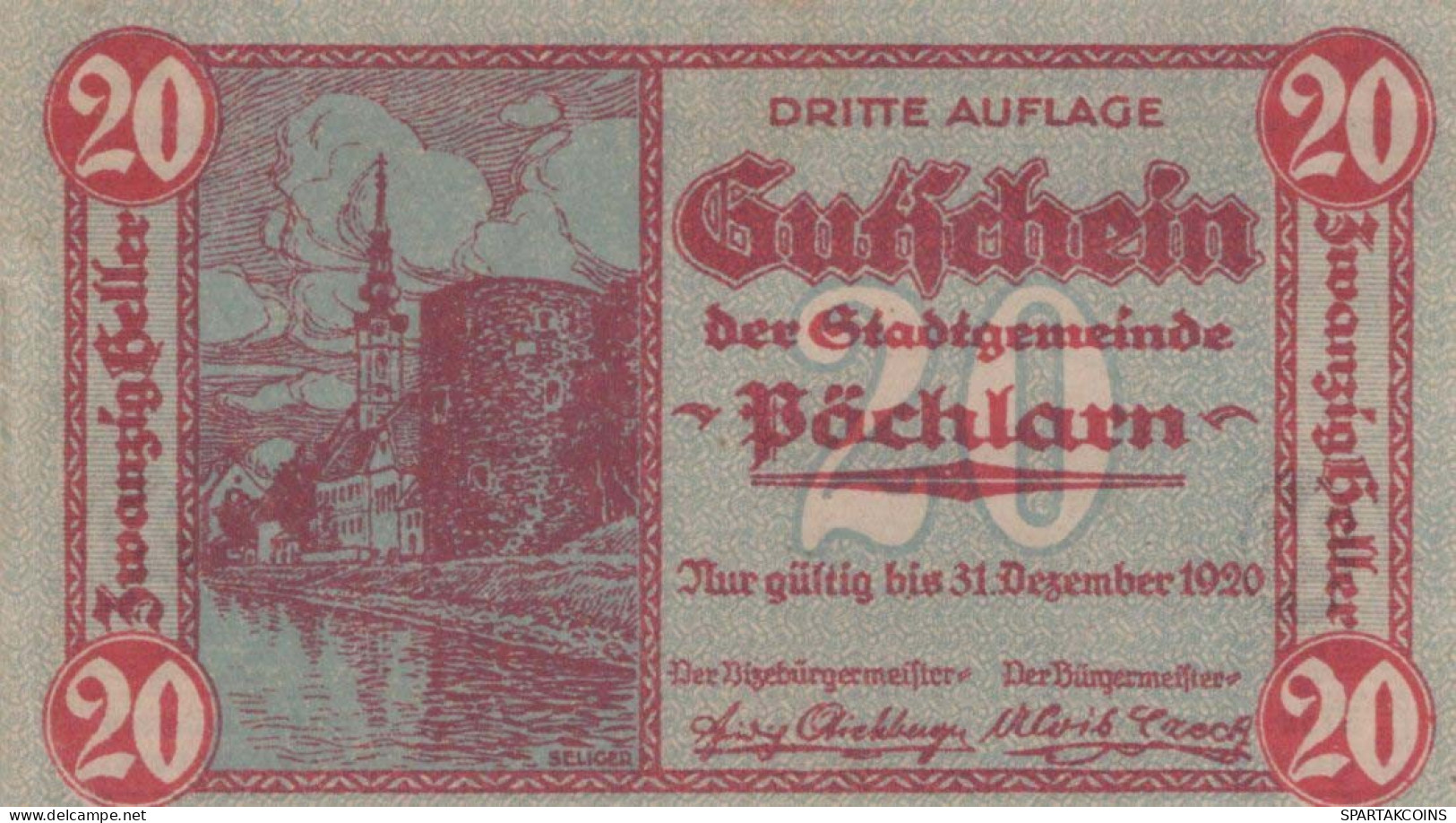 20 HELLER 1920 Stadt PoCHLARN Niedrigeren Österreich Notgeld Banknote #PI302 - [11] Emisiones Locales