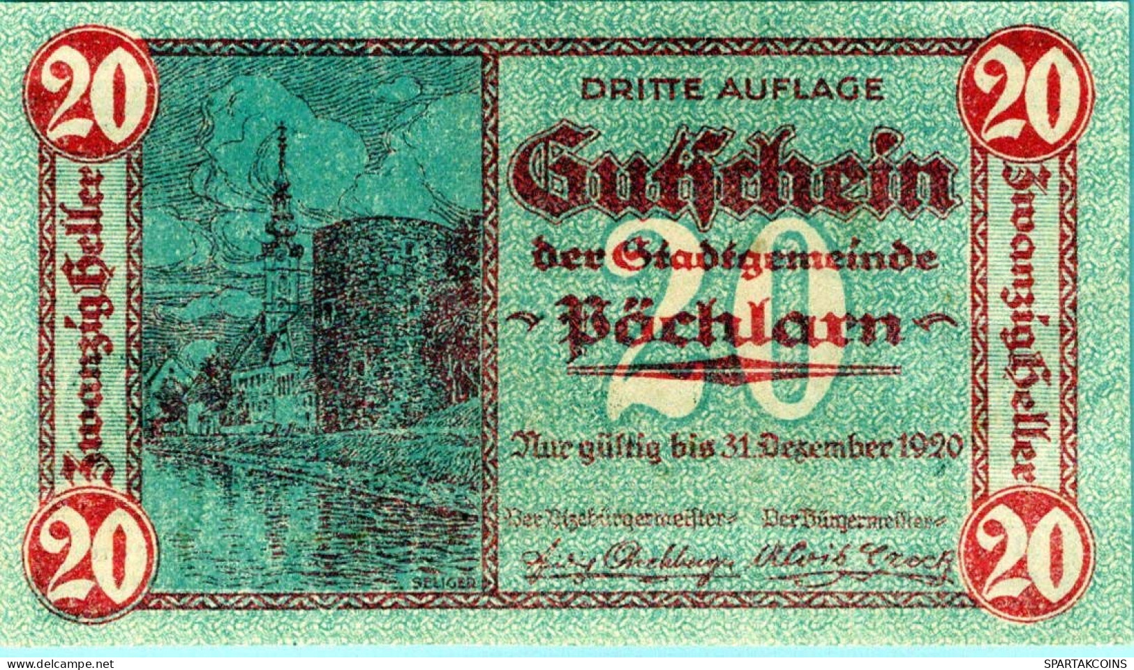 20 HELLER 1920 Stadt PoCHLARN Niedrigeren Österreich Notgeld Banknote #PE270 - Lokale Ausgaben