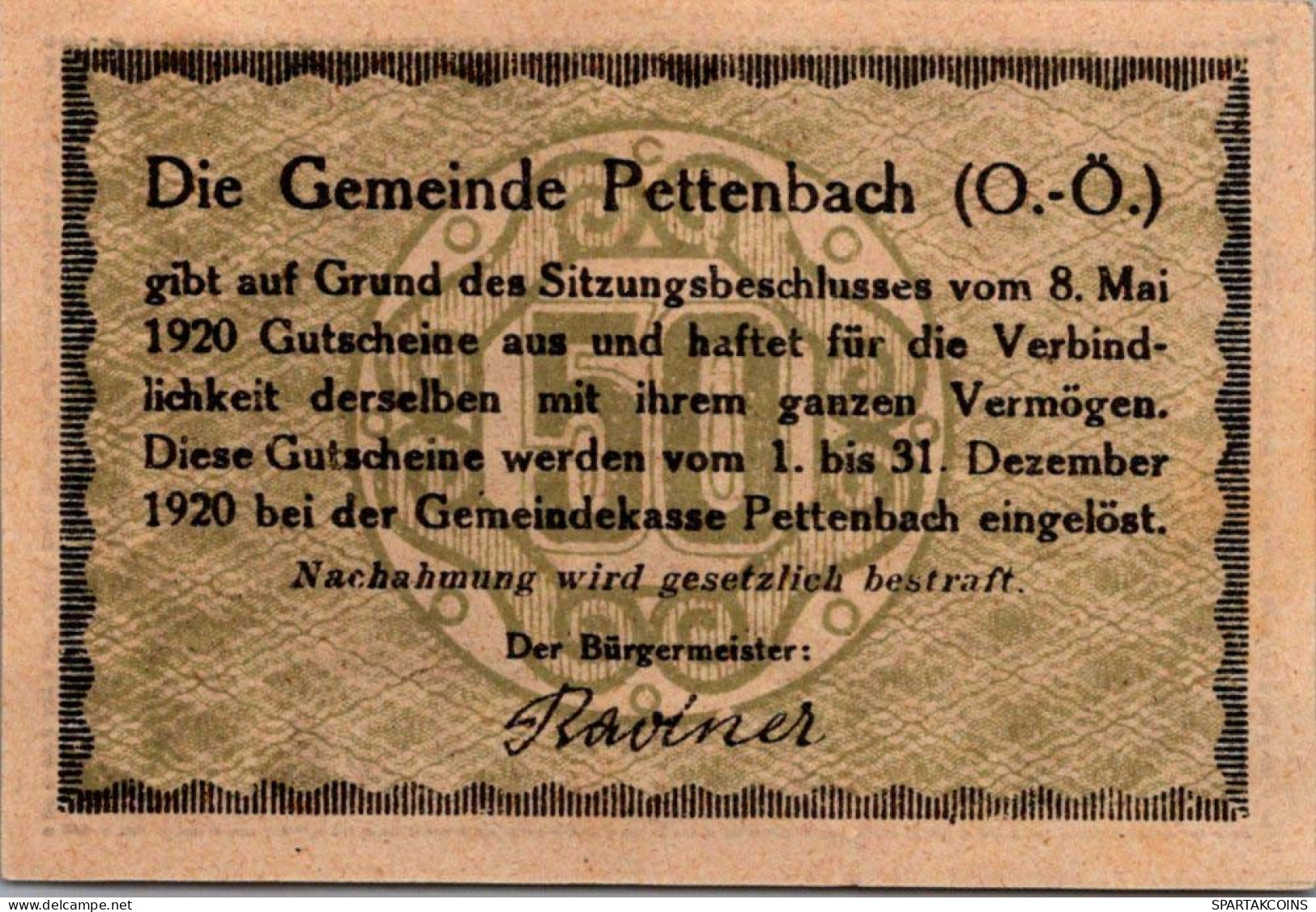 20 HELLER 1920 Stadt PETTENBACH Oberösterreich Österreich Notgeld #PE518 - Lokale Ausgaben