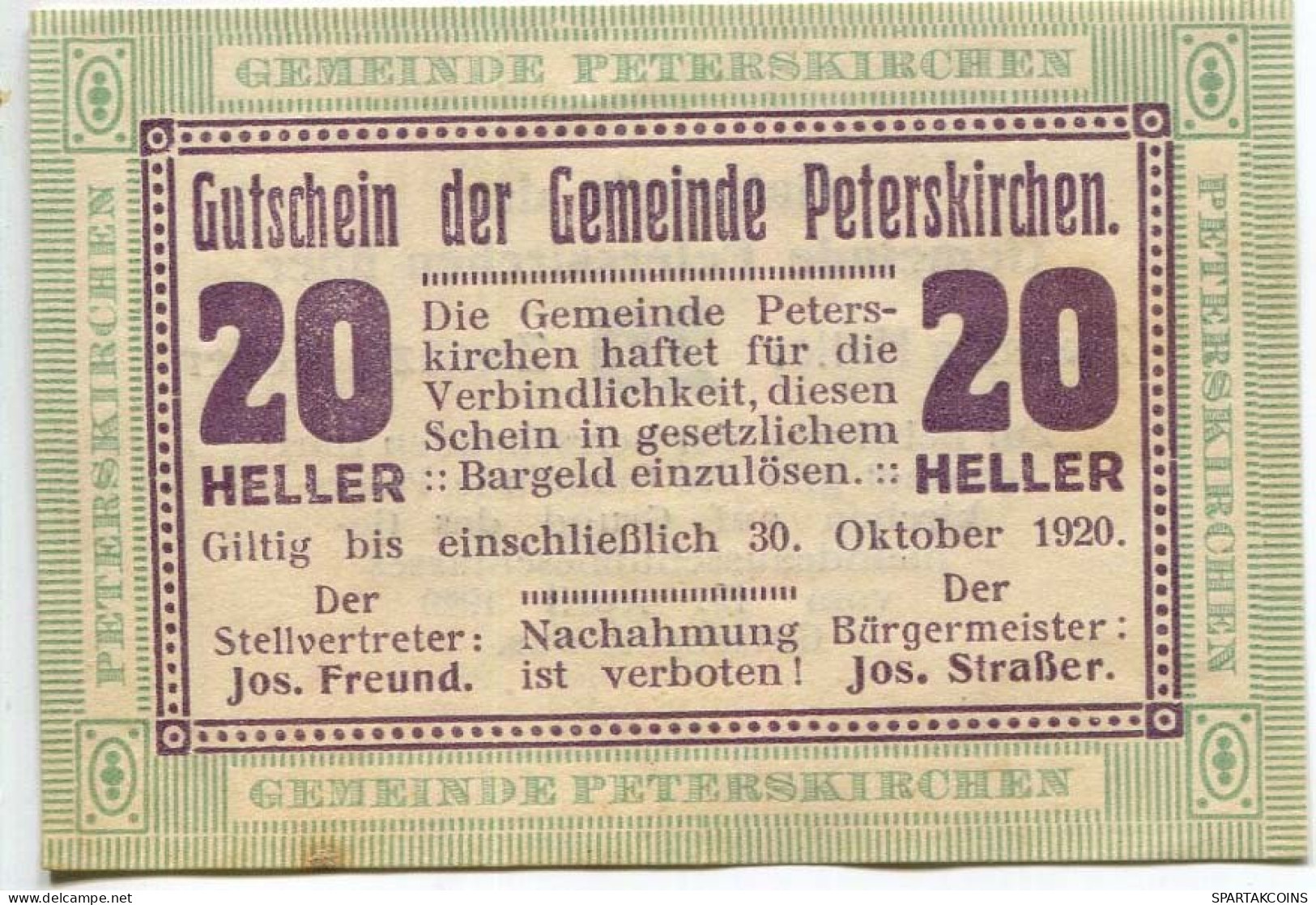 20 HELLER 1920 Stadt PETERSKIRCHEN Oberösterreich Österreich Notgeld Papiergeld Banknote #PL885 - [11] Emissions Locales