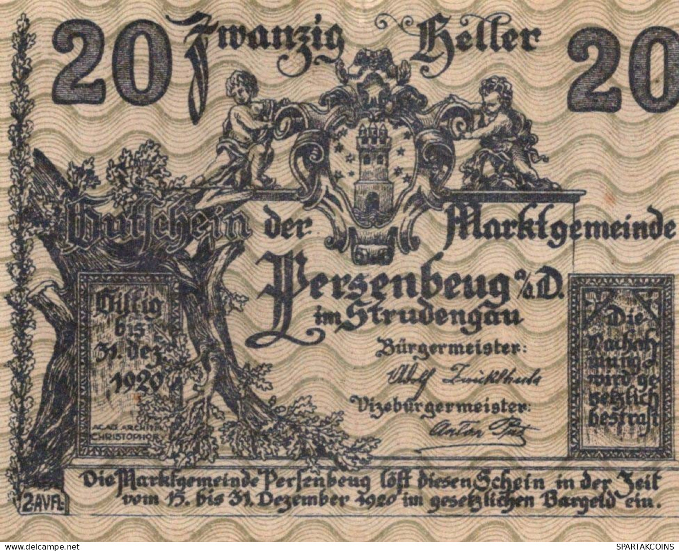 20 HELLER 1920 Stadt PERSENBEUG Niedrigeren Österreich Notgeld #PE409 - [11] Local Banknote Issues