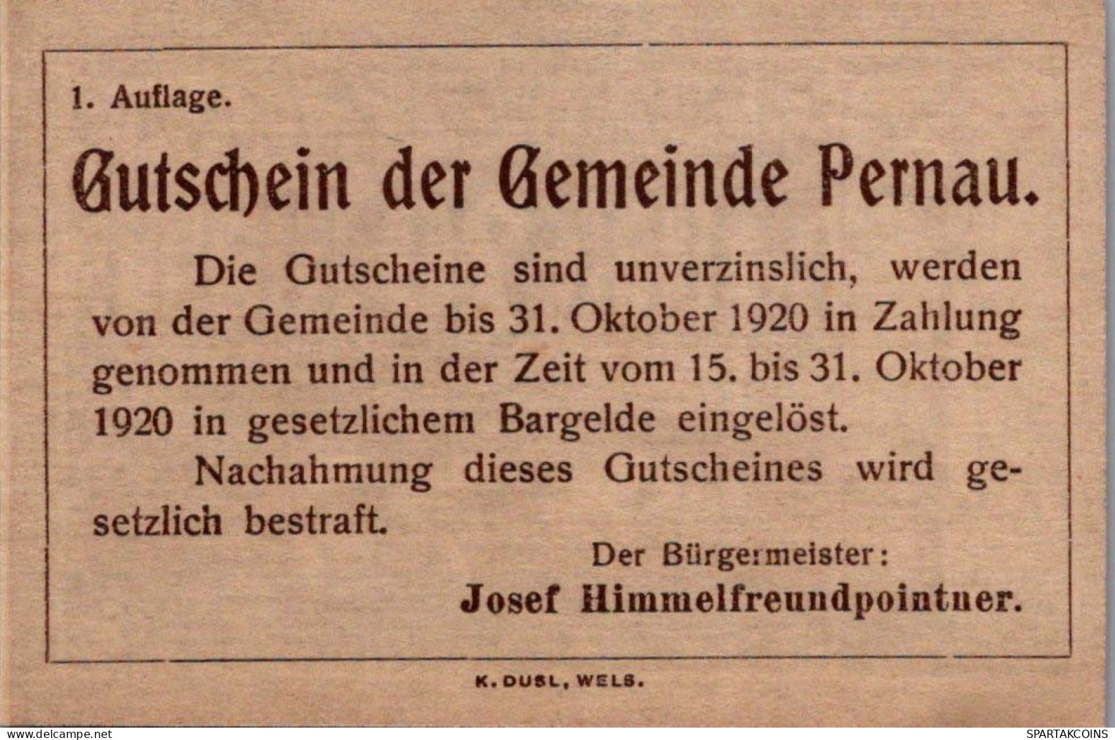 20 HELLER 1920 Stadt PERNAU Oberösterreich Österreich Notgeld Banknote #PJ220 - Lokale Ausgaben