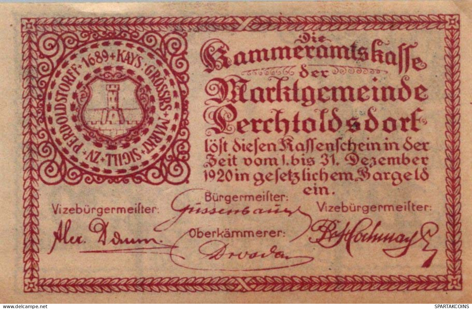 20 HELLER 1920 Stadt PERCHTOLDSDORF Niedrigeren Österreich Notgeld #PE415 - Lokale Ausgaben