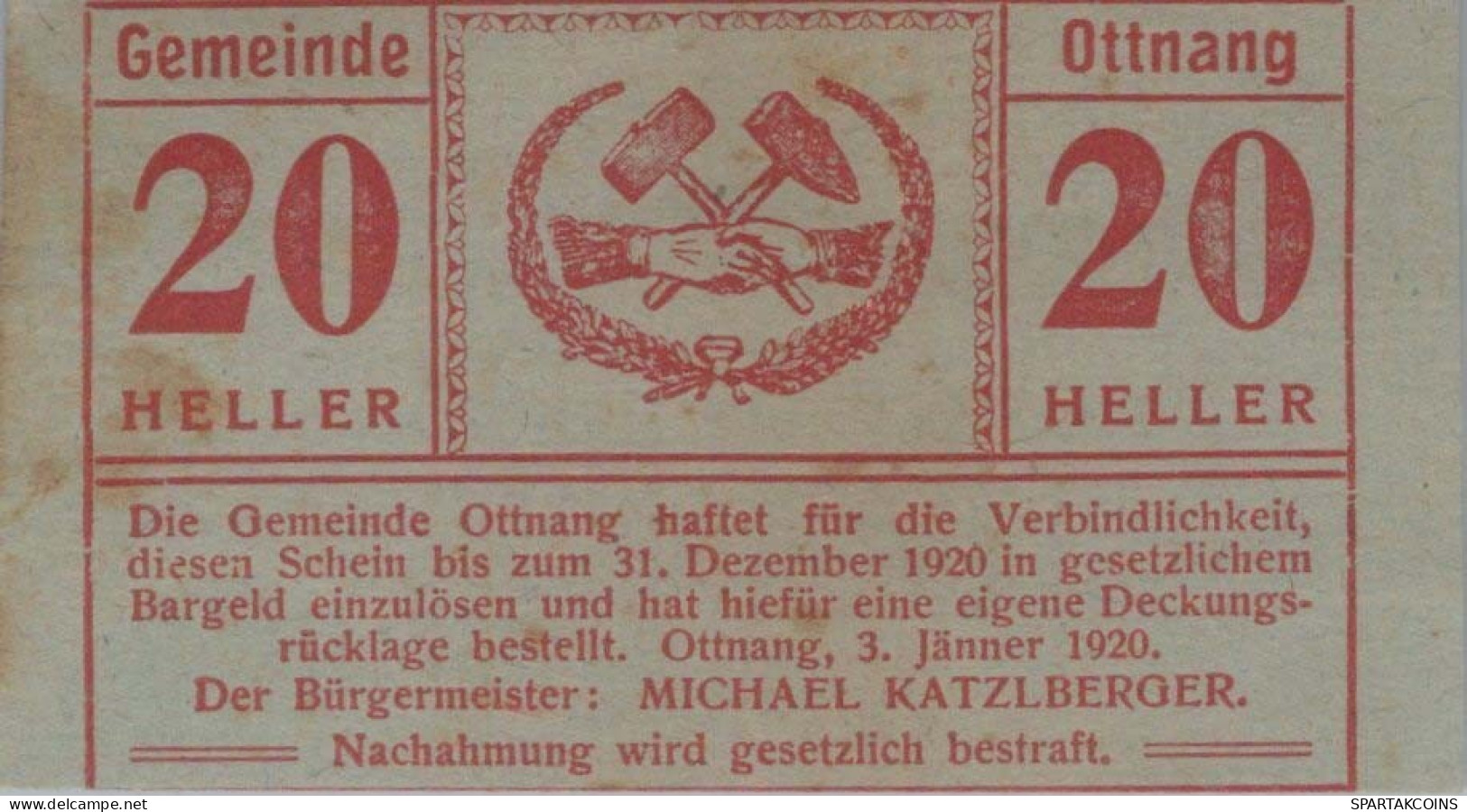 20 HELLER 1920 Stadt OTTNANG Oberösterreich Österreich Notgeld Banknote #PE552 - [11] Local Banknote Issues