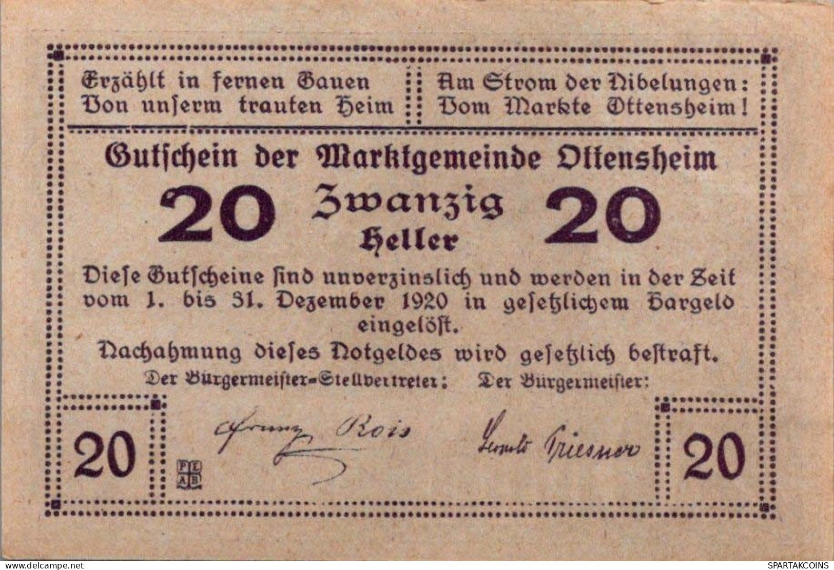 20 HELLER 1920 Stadt OTTENSHEIM Oberösterreich Österreich UNC Österreich Notgeld #PH132 - [11] Local Banknote Issues