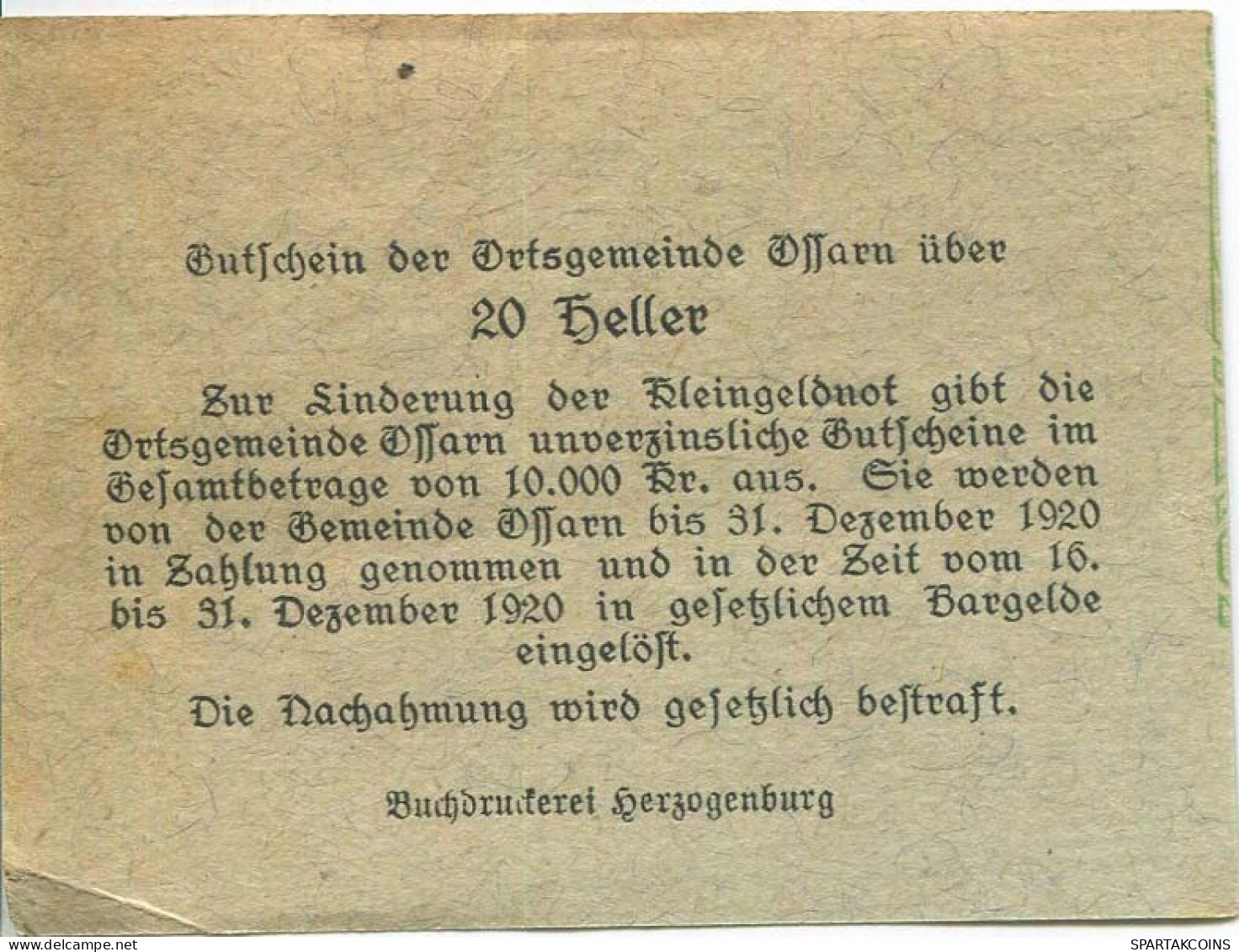 20 HELLER 1920 Stadt OSSARN Niedrigeren Österreich Notgeld Papiergeld Banknote #PL765 - [11] Local Banknote Issues