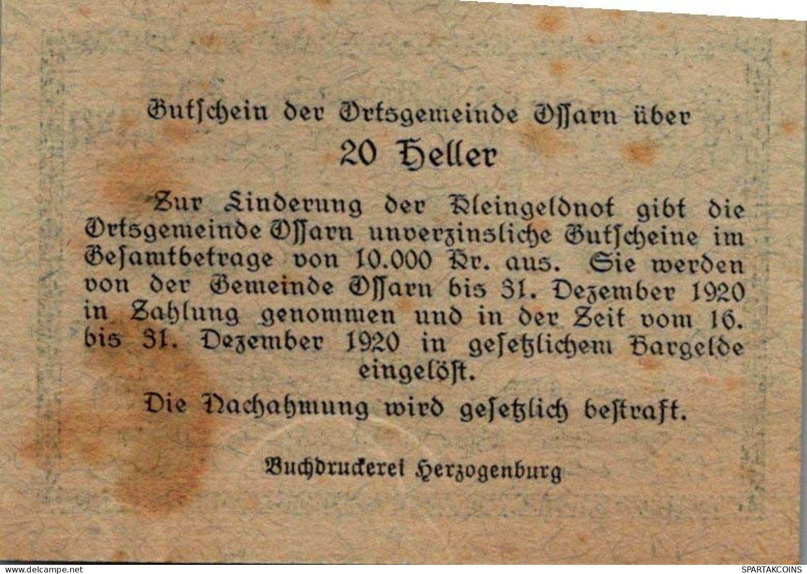 20 HELLER 1920 Stadt OSSARN Niedrigeren Österreich Notgeld Banknote #PE488 - [11] Local Banknote Issues
