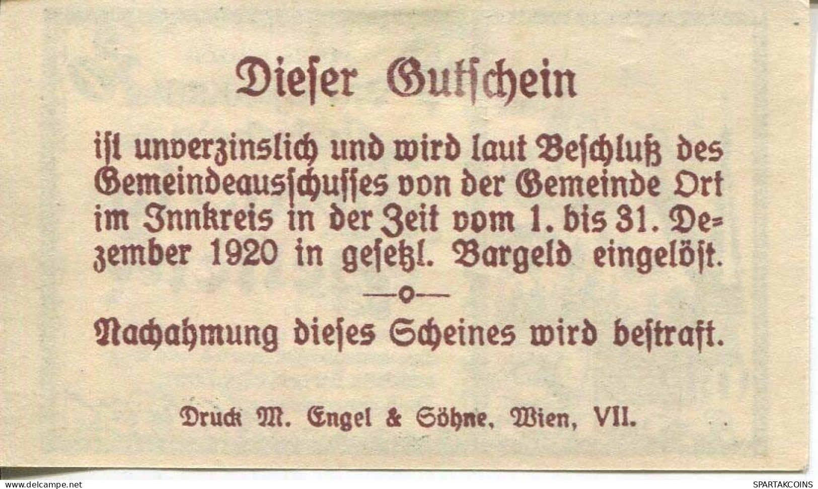 20 HELLER 1920 Stadt ORT IM INNKREIS Oberösterreich Österreich Notgeld Papiergeld Banknote #PL744 - [11] Local Banknote Issues