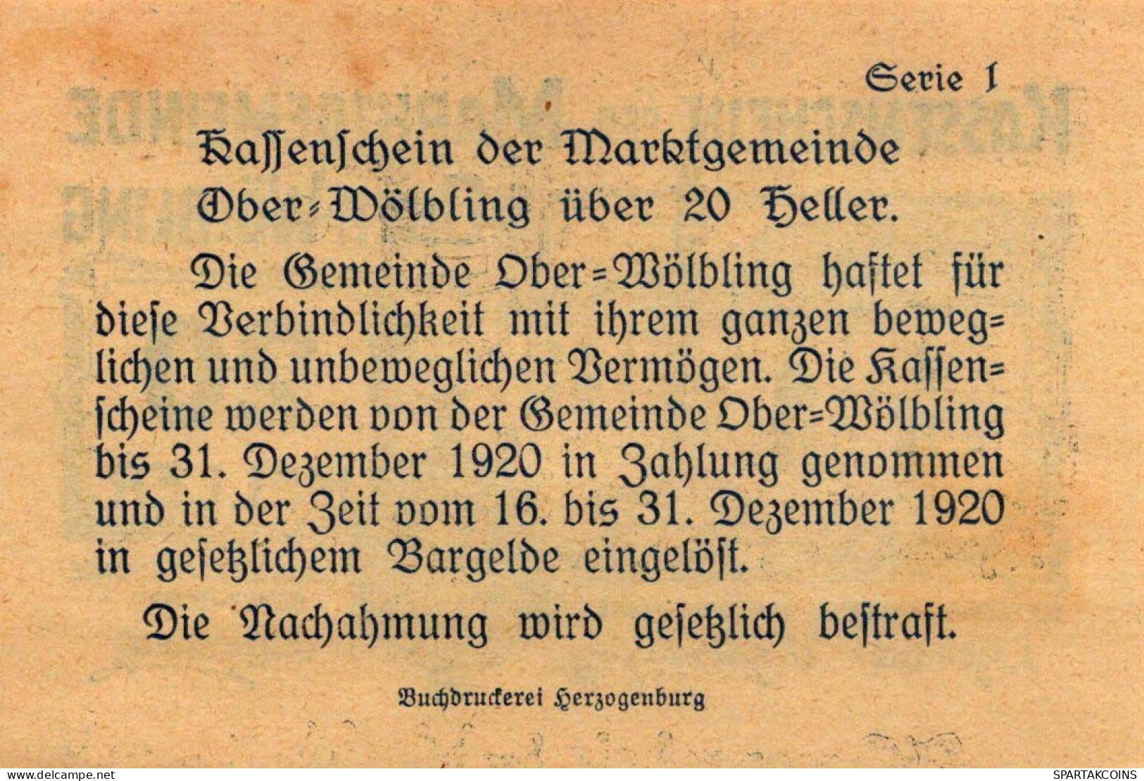 20 HELLER 1920 Stadt OBER-WoLBLING Niedrigeren Österreich Notgeld #PE247 - [11] Emisiones Locales