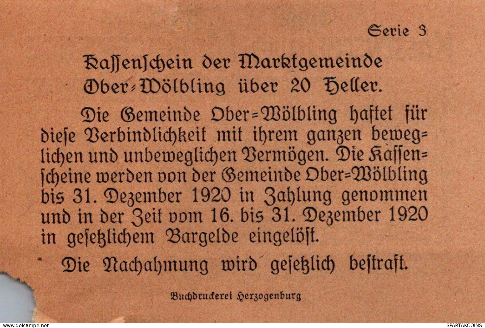 20 HELLER 1920 Stadt OBER-WoLBLING Niedrigeren Österreich Notgeld #PE246 - Lokale Ausgaben