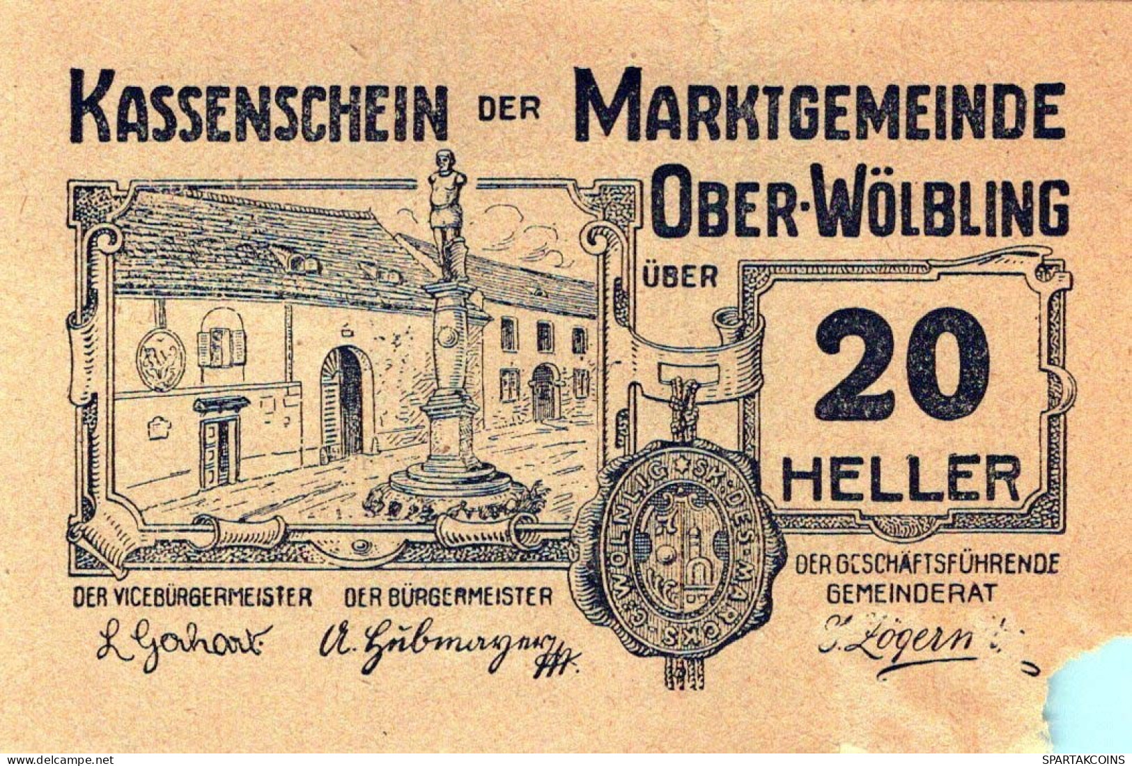 20 HELLER 1920 Stadt OBER-WoLBLING Niedrigeren Österreich Notgeld #PE246 - Lokale Ausgaben