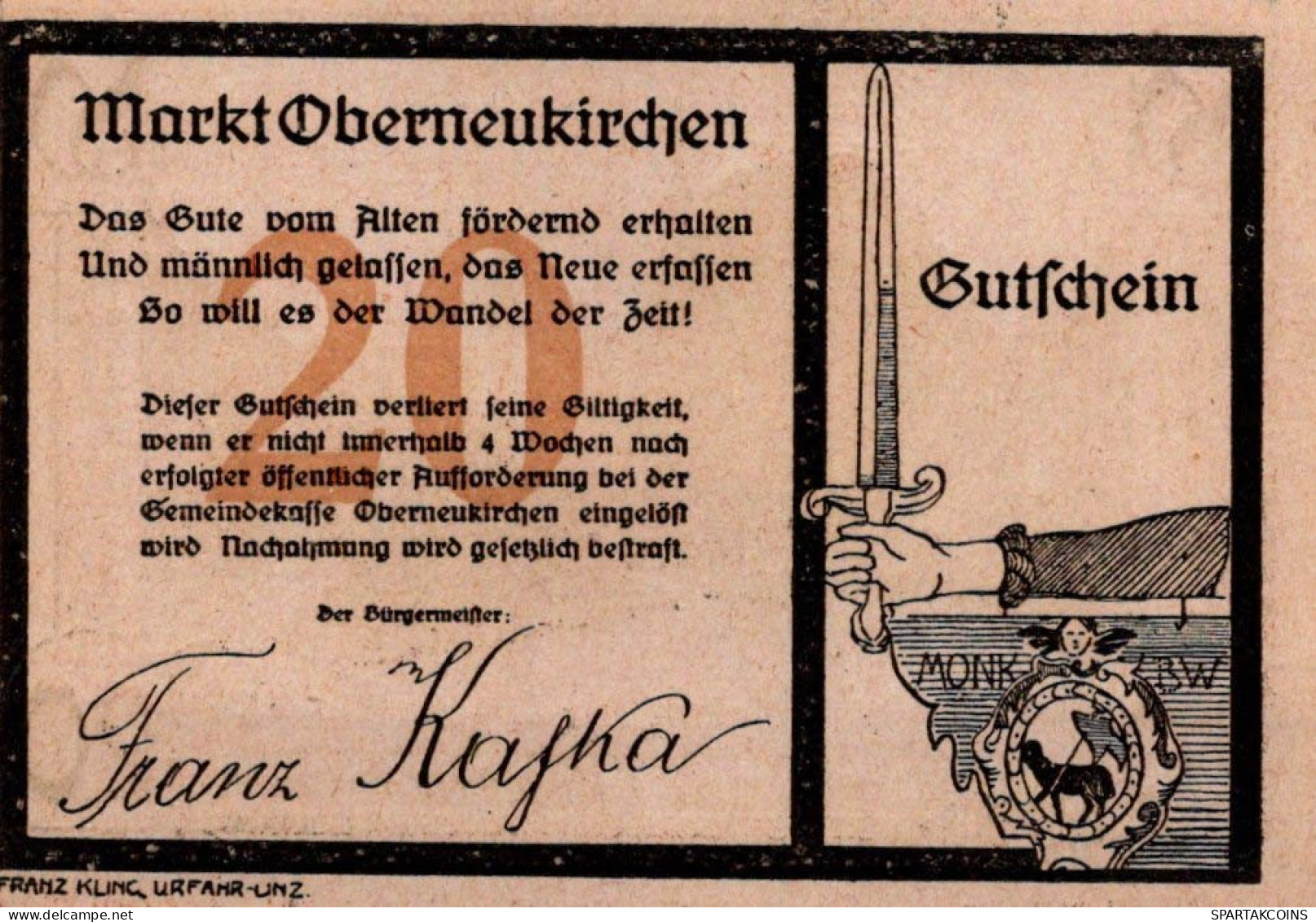 20 HELLER 1920 Stadt OBERNEUKIRCHEN Oberösterreich Österreich Notgeld #PE490 - [11] Emisiones Locales