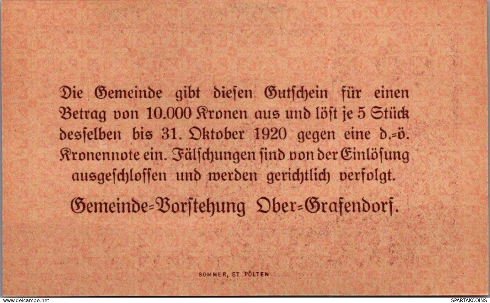 20 HELLER 1920 Stadt OBER-GRAFENDORF Niedrigeren Österreich Notgeld Papiergeld Banknote #PG794 - Lokale Ausgaben