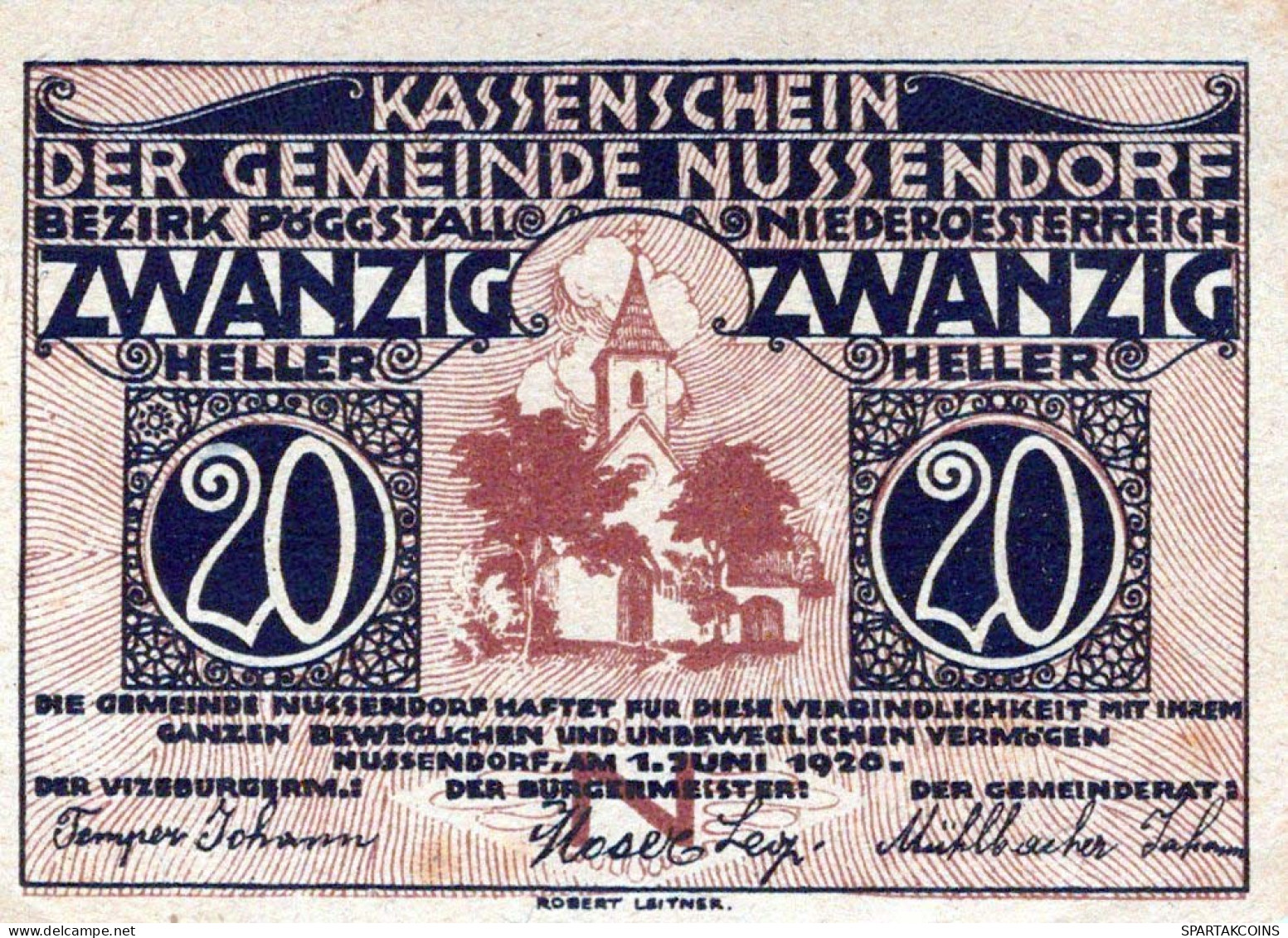 20 HELLER 1920 Stadt NUSSENDORF-ARTSTETTEN Niedrigeren Österreich #PE467 - [11] Local Banknote Issues