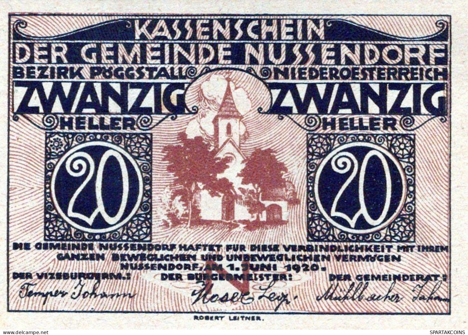 20 HELLER 1920 Stadt NUSSENDORF-ARTSTETTEN Niedrigeren Österreich Notgeld Papiergeld Banknote #PG965 - [11] Local Banknote Issues