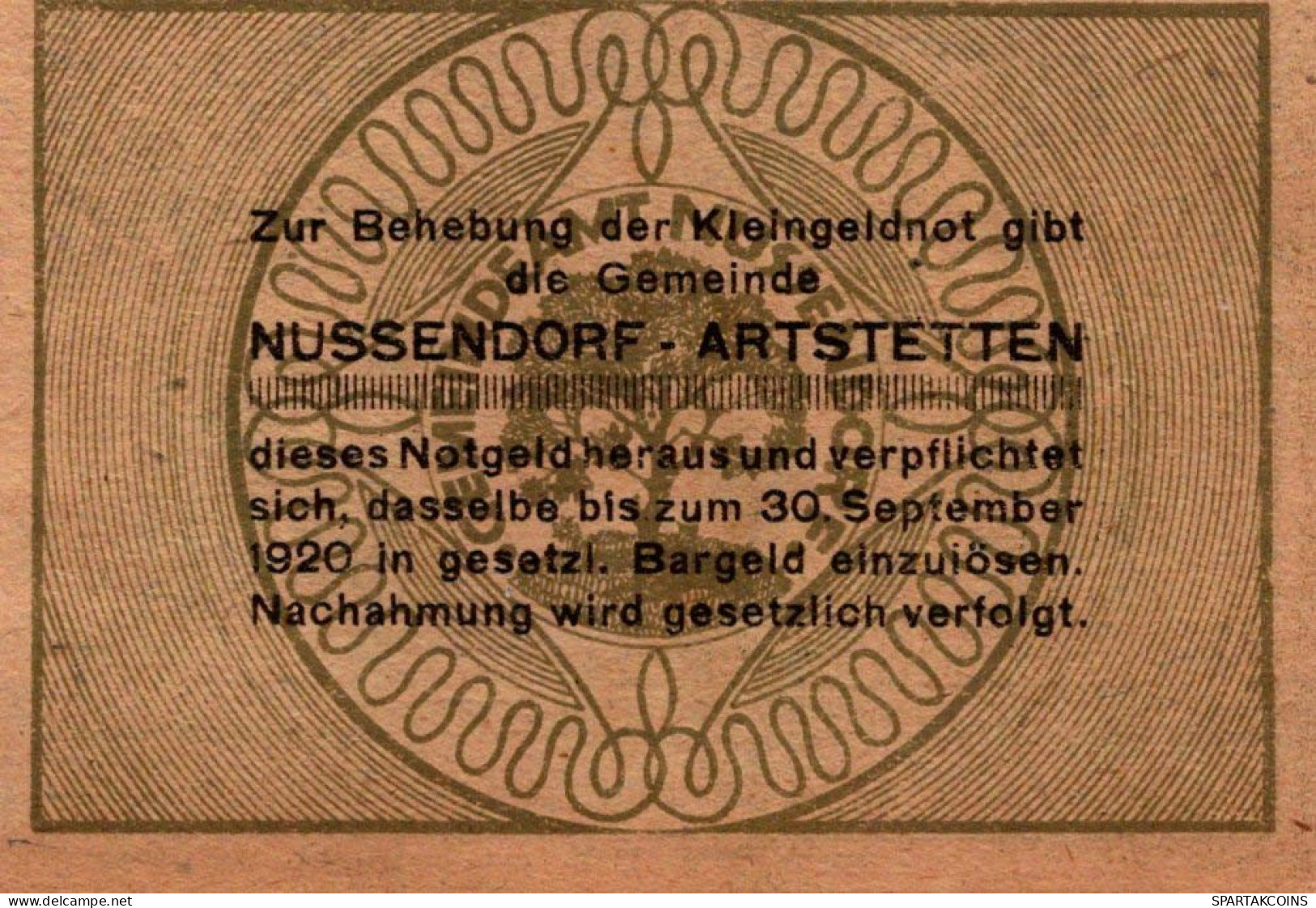 20 HELLER 1920 Stadt NUSSENDORF-ARTSTETTEN Niedrigeren Österreich #PE432 - [11] Local Banknote Issues