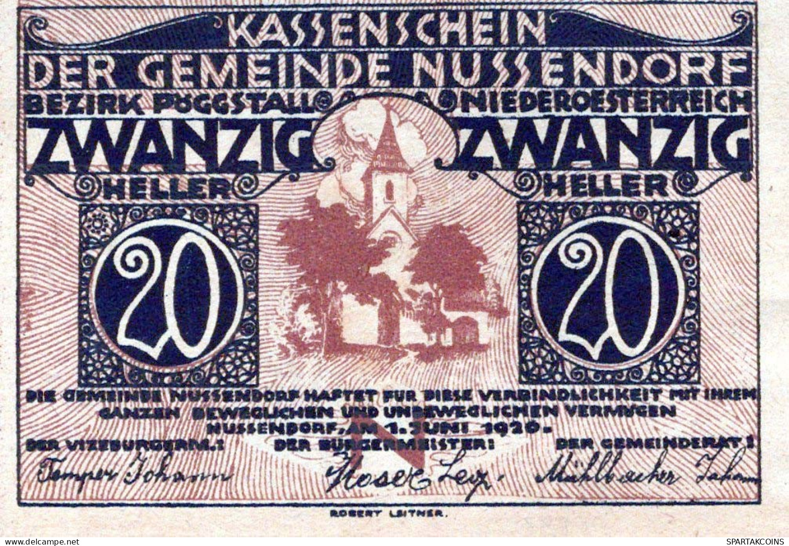 20 HELLER 1920 Stadt NUSSENDORF-ARTSTETTEN Niedrigeren Österreich #PE432 - [11] Local Banknote Issues