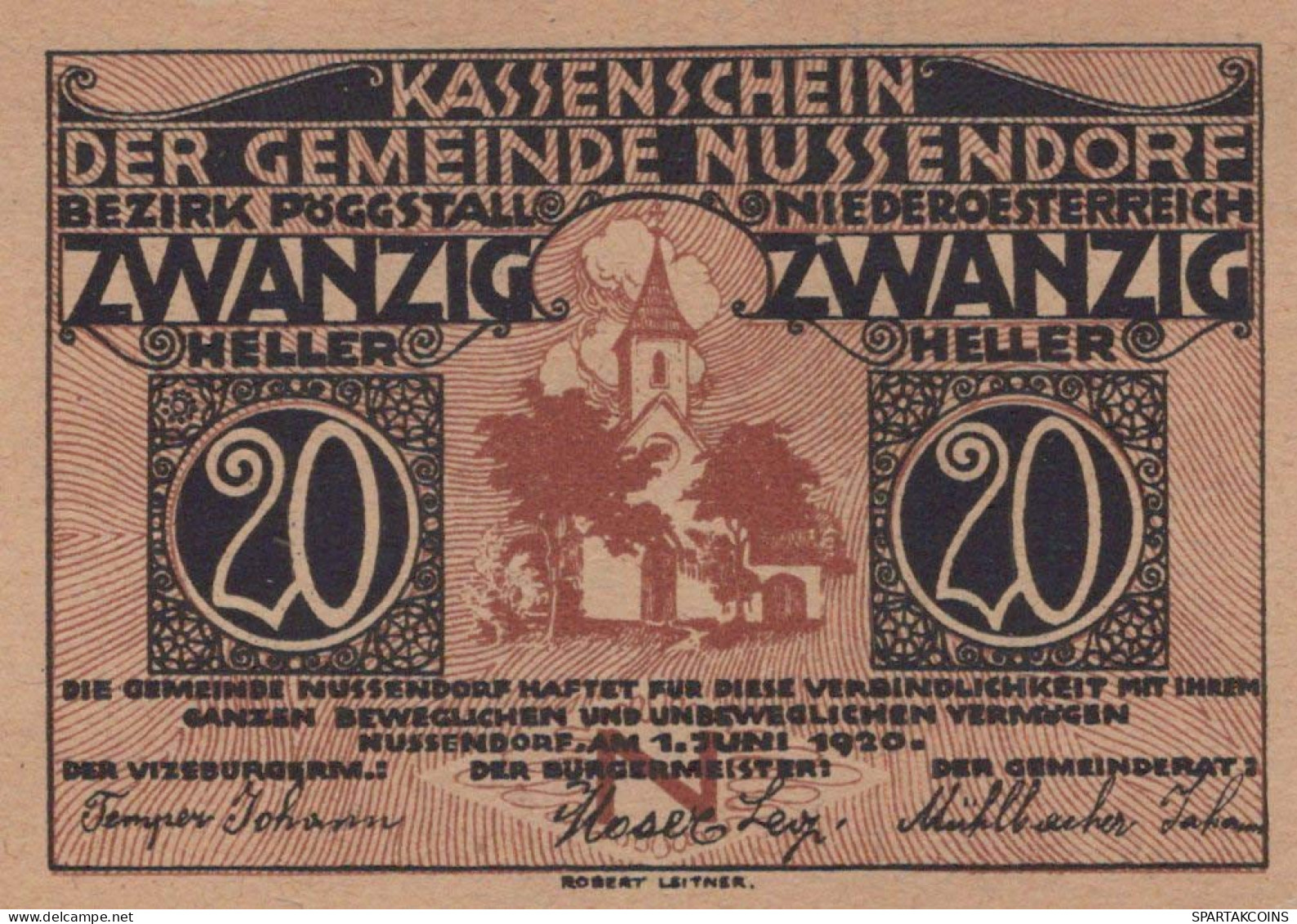 20 HELLER 1920 Stadt NUSSENDORF-ARTSTETTEN Niedrigeren Österreich Notgeld Papiergeld Banknote #PG640 - [11] Local Banknote Issues