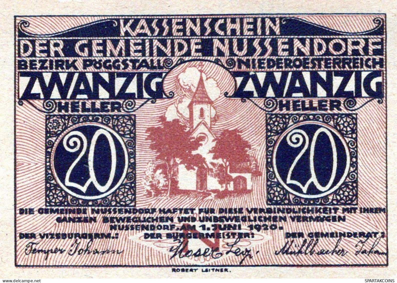20 HELLER 1920 Stadt NUSSENDORF-ARTSTETTEN Niedrigeren Österreich Notgeld Papiergeld Banknote #PG640 - [11] Local Banknote Issues