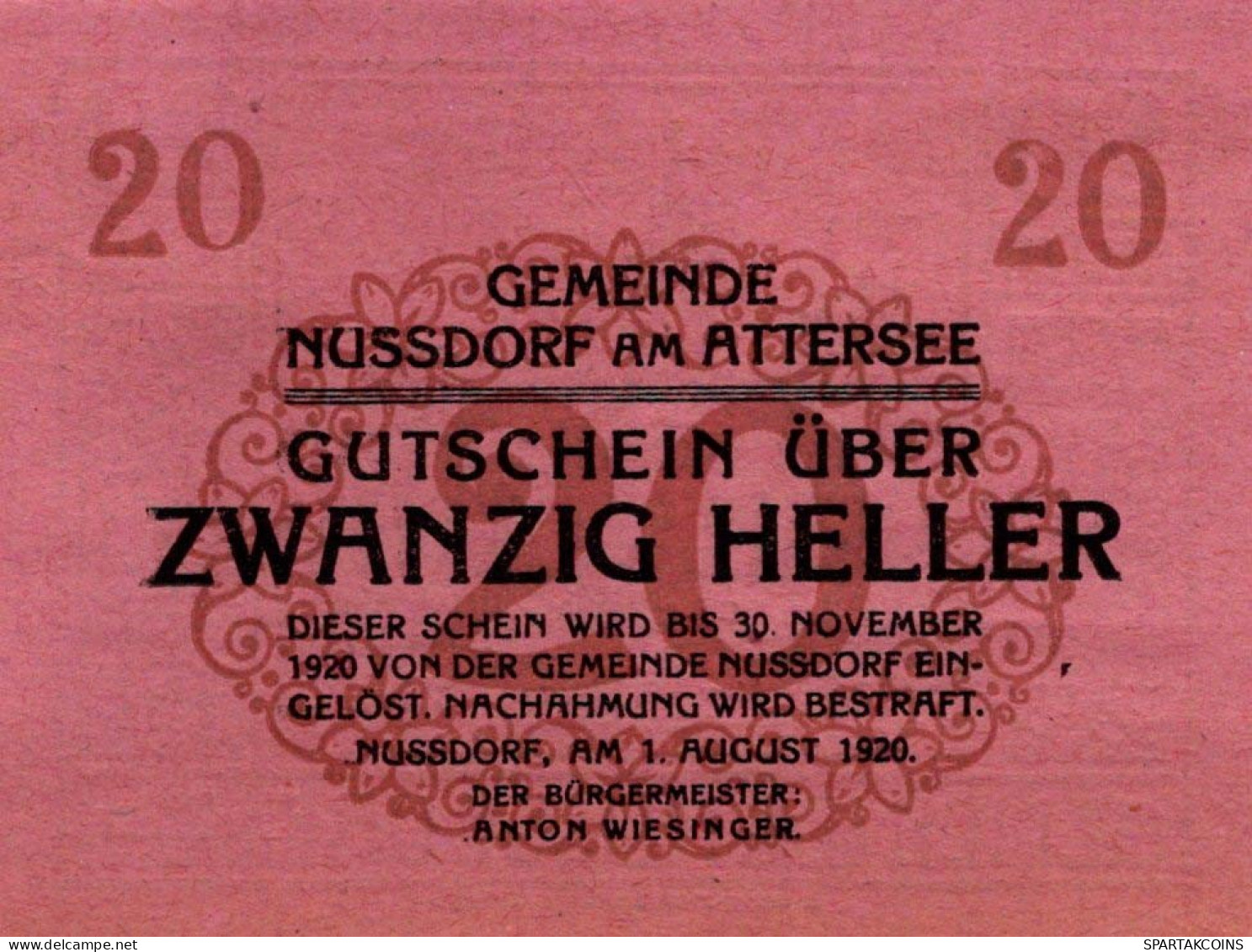 20 HELLER 1920 Stadt NUSSDORF AM ATTERSEE Oberösterreich Österreich Notgeld Papiergeld Banknote #PG637 - [11] Local Banknote Issues